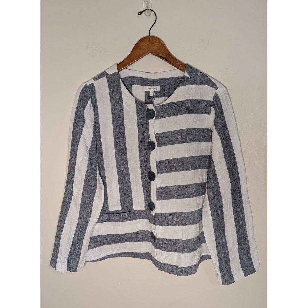 Habitat Clothes to Live In Size M Gray White Blouse Top Artsy Lagenlook Preppy